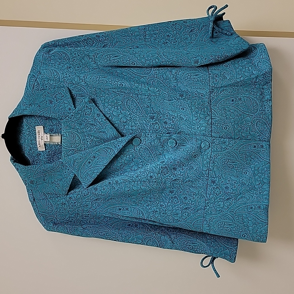 Miss Dorby skirt suit set teal Paisley. Vintage 14P with 3/4 sleeves